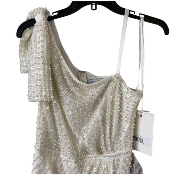 Mac Duggal Ivory One-Shoulder Beaded Evening Gown Thigh Slit Modern Glam 8 NWT - Picture 6 of 8